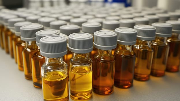 Rows of medical vials with vaccine liquid inside. Medicine for injection, pharmaceutical lab production.