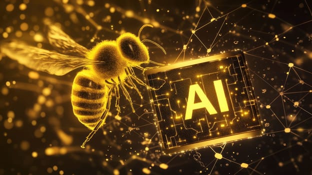 Digital bee holding a frame with AI letters in cyberspace. Virtual reality, programming and information technology of the future. Artificial intelligence, digital code data and cybersecurity.