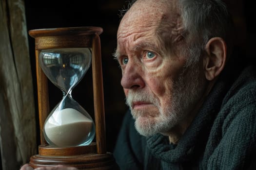 Sad frightened old man looking at hourglass with last grains of sand falling down. Time and life passing concept.