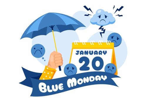 Blue Monday Illustration Depicting Sadness and Mental Health Influenced by Weather and certain circumstances in a Flat Style Cartoon Background