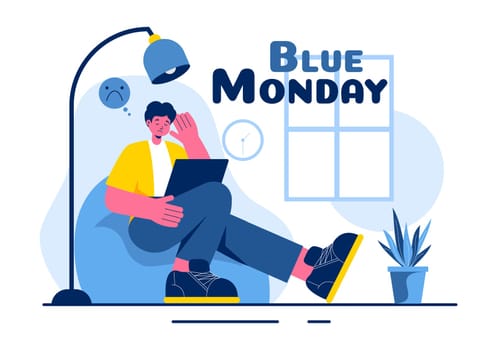 Blue Monday Illustration Depicting Sadness and Mental Health Influenced by Weather and certain circumstances in a Flat Style Cartoon Background