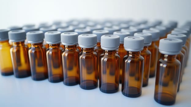 Rows of medical vials with vaccine liquid inside. Medicine for injection, pharmaceutical lab production.