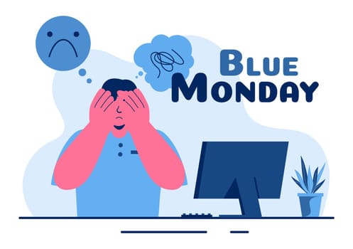 Blue Monday Illustration Depicting Sadness and Mental Health Influenced by Weather and certain circumstances in a Flat Style Cartoon Background
