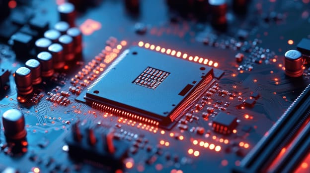 Microchip on motherboard. Electronic circuit board close-up. Advanced technology CPU processor for modern computers.