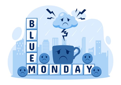 Blue Monday Illustration Depicting Sadness and Mental Health Influenced by Weather and certain circumstances in a Flat Style Cartoon Background
