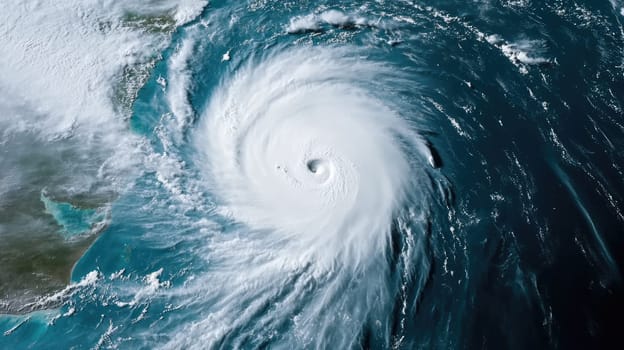 Typhoon or cyclone over the ocean. Tropical storm or tornado by the coast, view from space. The eye of hurricane. Weather background.