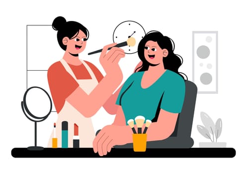 Makeup Artist Vector Illustration featuring a Professional Makeover Session with Clients Undergoing Beauty Procedures in a Flat Style Background