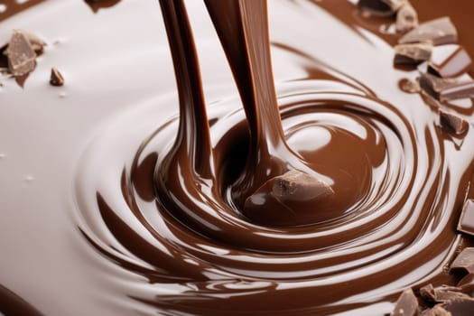 Pouring delicious hot milk chocolate. Close-up of melted sweet dessert for advertisement.