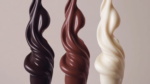 Pouring delicious dark, milk and white chocolate. Close-up of melted swirls of sweet dessert for advertisement.