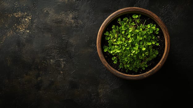 Green sprouts of indoor plant in brown ceramic pot, top view. Decorative houseplant isolated on black background with copy space.
