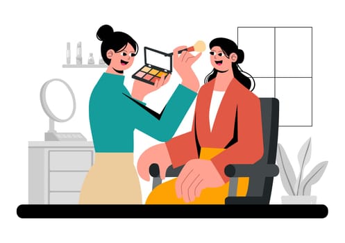 Makeup Artist Vector Illustration featuring a Professional Makeover Session with Clients Undergoing Beauty Procedures in a Flat Style Background