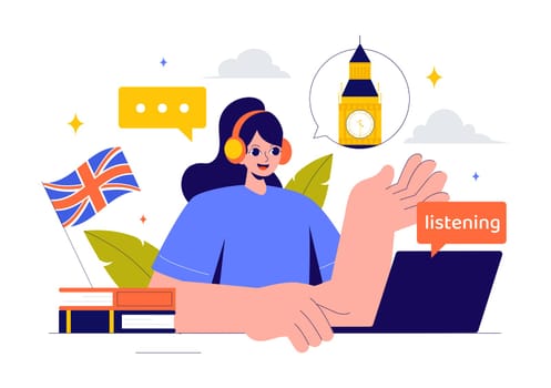 English Language Vector Illustration featuring Students Studying Foreign Languages, Global Communication, and Elementary Grammar Lessons Background