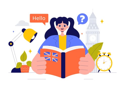 English Language Vector Illustration featuring Students Studying Foreign Languages, Global Communication, and Elementary Grammar Lessons Background
