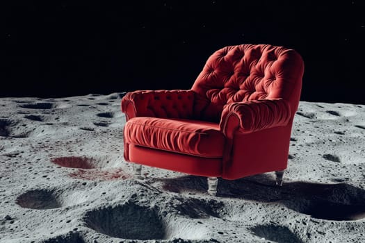 A red comfy armchair on the moon with bumpy surface. AI generated