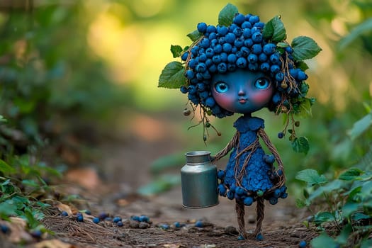 Fantasy character adorned with Blueberries, carries a jug and walk on the forest path . AI generated