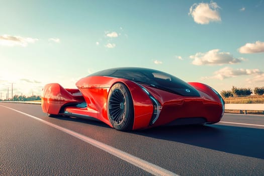 Red futuristic electric car on a highway. Concept of future. AI generated