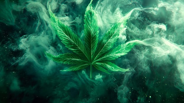 Fresh green leaf of Hemp, surrounded by dense, swirling smoke. The concept of legalization of marijuana, the impact on psychology, hemp for medical purposes. AI generated