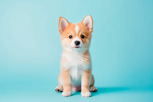 Portraite of cute fluffy puppy sitting on a blue background. Free space for text. AI generated