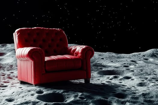 A red leather armchair on the moon with bumpy surface. AI generated