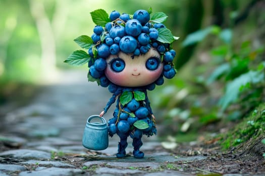 Little fairy adorned with Blueberries, carries a jug and walk on the forest path . AI generated