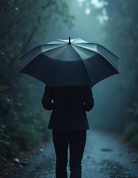 A solitary figure walks down a rainy path, holding a black umbrella. Surrounding them is dense greenery, enveloped in a misty, atmospheric setting, enhancing the sense of solitude.