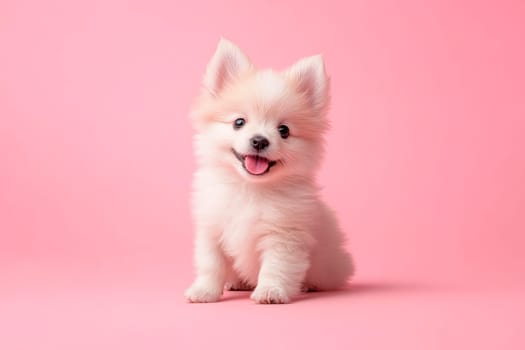 Portraite of cute fluffy puppy sitting on a pink background. Free space for text. AI generated