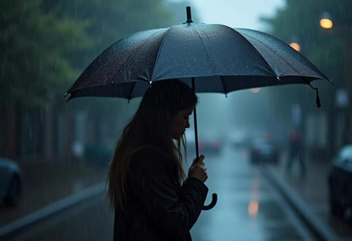 A woman stands still in the rain, holding a black umbrella as droplets cascade down. The street is glistening and dimly lit by streetlights, creating a moody urban backdrop. Generative AI.
