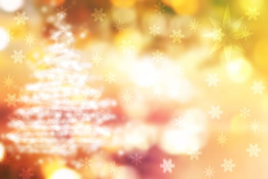 Abstract christmas tree background. Abstract blurred festive winter christmas or Happy New Year background with shiny gold yellow and white bokeh lighted snow lights. Space. Card concept.
