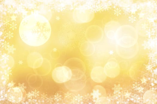 A festive abstract delicate Happy New Year or Christmas background texture with colorful gold yellow white blurred bokeh lights and stars. Space for design. Card concept or advertising.