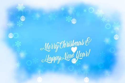 Merry Christmas and Happy New Year greeting card. Blue winter background with snowflakes, stars and xmas baubles.