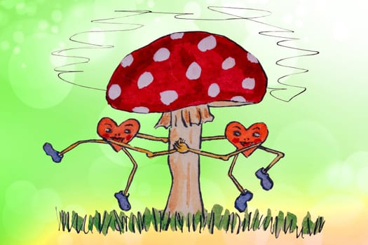 Greeting card couple hearts background. An old hand drawn watercolor of two funny hearts dancing around a mushroom. Valentine, couple in love cartoon, wedding and other.