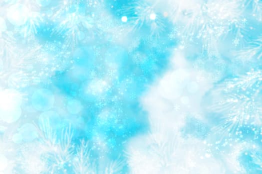 Abstract blurred festive delicate winter christmas or Happy New Year background with shiny blue and white bokeh lighted stars and bells. Space for your design. Card concept.