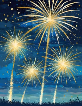Colorful fireworks illuminate the night sky as people celebrate the New Year. Bursts of gold and blue spark joy and excitement marking a fresh start. Fireworks explode against dark sky. Generative AI.