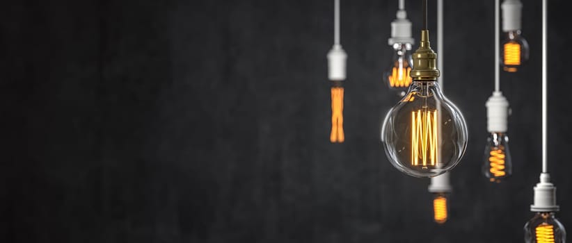 Retro edison style lightbulbs with visible filaments dark background 3d
