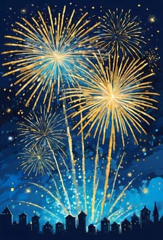 Colorful fireworks illuminate the night sky as people celebrate the New Year. Bursts of gold and blue spark joy and excitement marking a fresh start. Fireworks explode against dark sky. Generative AI.