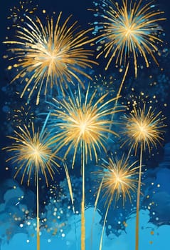 Colorful fireworks illuminate the night sky as people celebrate the New Year. Bursts of gold and blue spark joy and excitement marking a fresh start. Fireworks explode against dark sky. Generative AI.