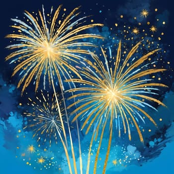 Colorful fireworks illuminate the night sky as people celebrate the New Year. Bursts of gold and blue spark joy and excitement marking a fresh start. Fireworks explode against dark sky. Generative AI.