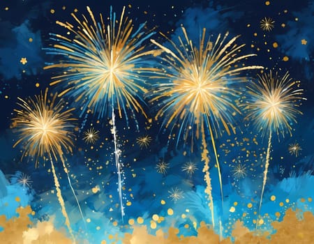 Colorful fireworks illuminate the night sky as people celebrate the New Year. Bursts of gold and blue spark joy and excitement marking a fresh start. Fireworks explode against dark sky. Generative AI.
