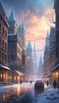 A snowstorm covers a charming city street as the evening sky glows with warm hues. Snowflakes drift softly to the ground, blanketing a tranquil winter scene. Generative AI.