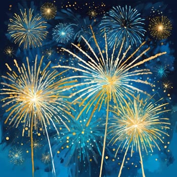 Colorful fireworks illuminate the night sky as people celebrate the New Year. Bursts of gold and blue spark joy and excitement, marking a fresh start. Generative AI.
