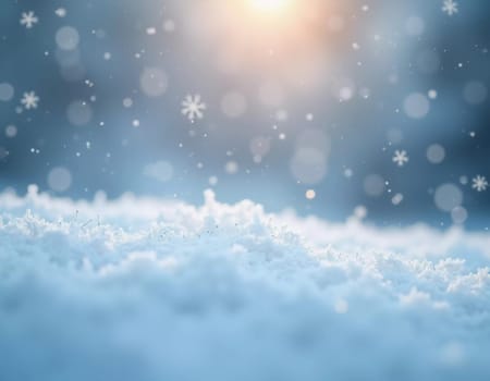 Snowflakes drift softly to the ground, blanketing a tranquil winter scene. The sunlight sparkles through the snowdrifts, enhancing the festive atmosphere. Generative AI.