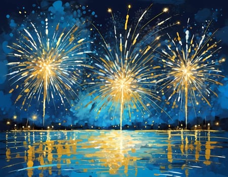 Colorful fireworks illuminate the night sky as people celebrate the New Year. Bursts of gold and blue spark joy and excitement marking a fresh start. Fireworks explode against dark sky. Generative AI.