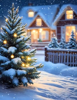 In a tranquil snowy night, soft bokeh Christmas lights adorn fir branches amid a picturesque landscape. Cozy homes are visible, radiating warmth and festivity in the winter wonderland. Generative AI.