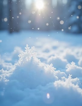 Snowflakes drift softly to the ground, blanketing a tranquil winter scene. The sunlight sparkles through the snowdrifts, enhancing the festive atmosphere. Generative AI.