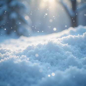Snowflakes drift softly to the ground, blanketing a tranquil winter scene. The sunlight sparkles through the snowdrifts, enhancing the festive atmosphere. Generative AI.