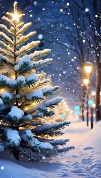 In a tranquil snowy night, soft bokeh Christmas lights adorn fir branches amid a picturesque landscape. Cozy homes are visible, radiating warmth and festivity in the winter wonderland. Generative AI.