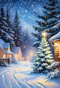 In a tranquil snowy night, soft bokeh Christmas lights adorn fir branches amid a picturesque landscape. Cozy homes are visible, radiating warmth and festivity in the winter wonderland. Generative AI.