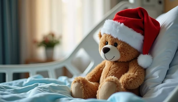 A teddy bear dressed in a Santa hat sits on a hospital bed, offering companionship to a child. The soft toy brings warmth and cheer in a challenging environment. Generative AI.