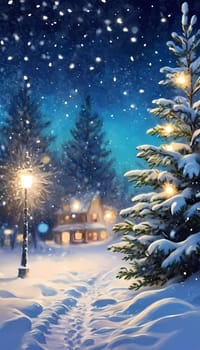 In a tranquil snowy night, soft bokeh Christmas lights adorn fir branches amid a picturesque landscape. Cozy homes are visible, radiating warmth and festivity in the winter wonderland. Generative AI.
