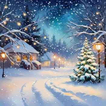 In a tranquil snowy night, soft bokeh Christmas lights adorn fir branches amid a picturesque landscape. Cozy homes are visible, radiating warmth and festivity in the winter wonderland. Generative AI.
